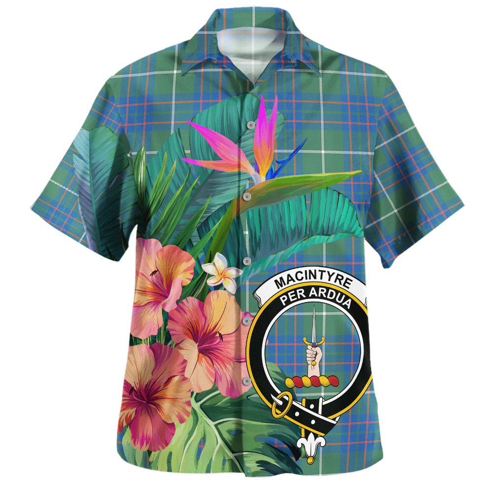 Scottish MacIntyre Hunting Ancient Clan Badge Tartan Hawaiian Shirt Bouquet Tropical Style