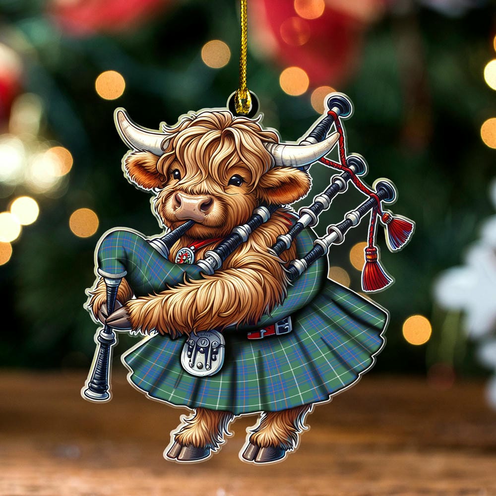 Scottish MacIntyre Hunting Ancient Tartan Ornament Highland Cow Playing Bagpipes