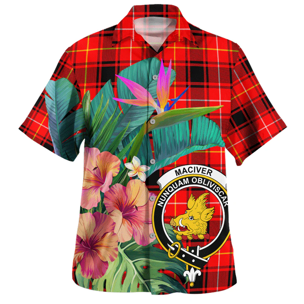 Scottish MacIver Modern Clan Badge Tartan Hawaiian Shirt Bouquet Tropical Style