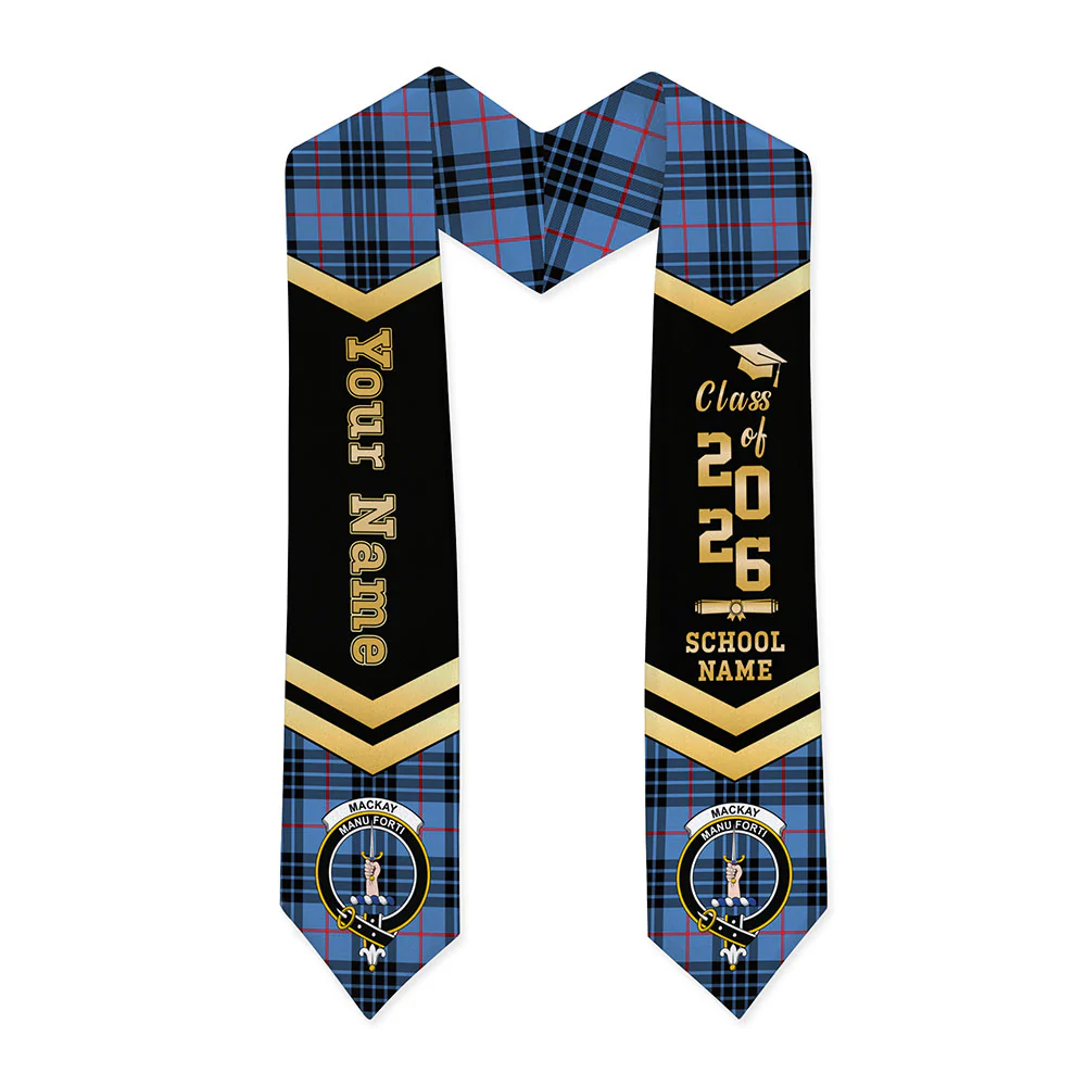 Scottish MacKay Blue Clan Badge Tartan Graduation Stole Black Gold Honor