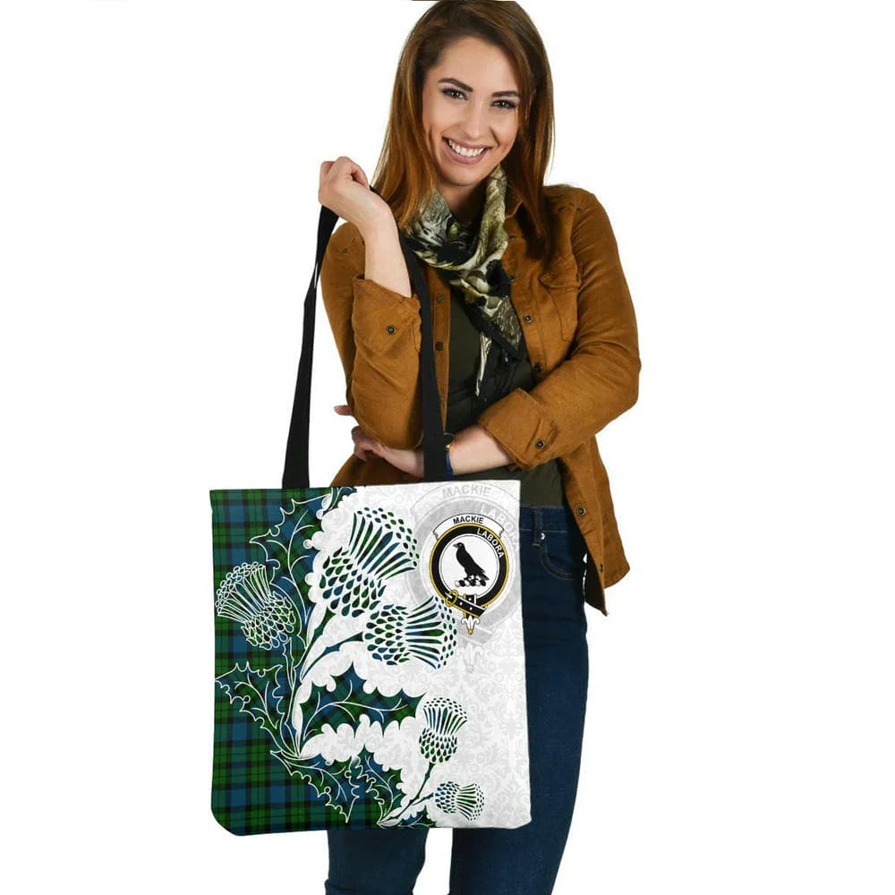 Scottish MacKie Clan Crest Tartan Tote Bag - Thistle Flowers Style - Image 2
