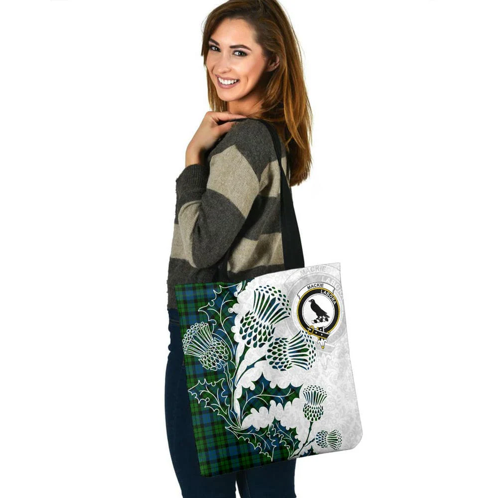 Scottish MacKie Clan Crest Tartan Tote Bag - Thistle Flowers Style - Image 3
