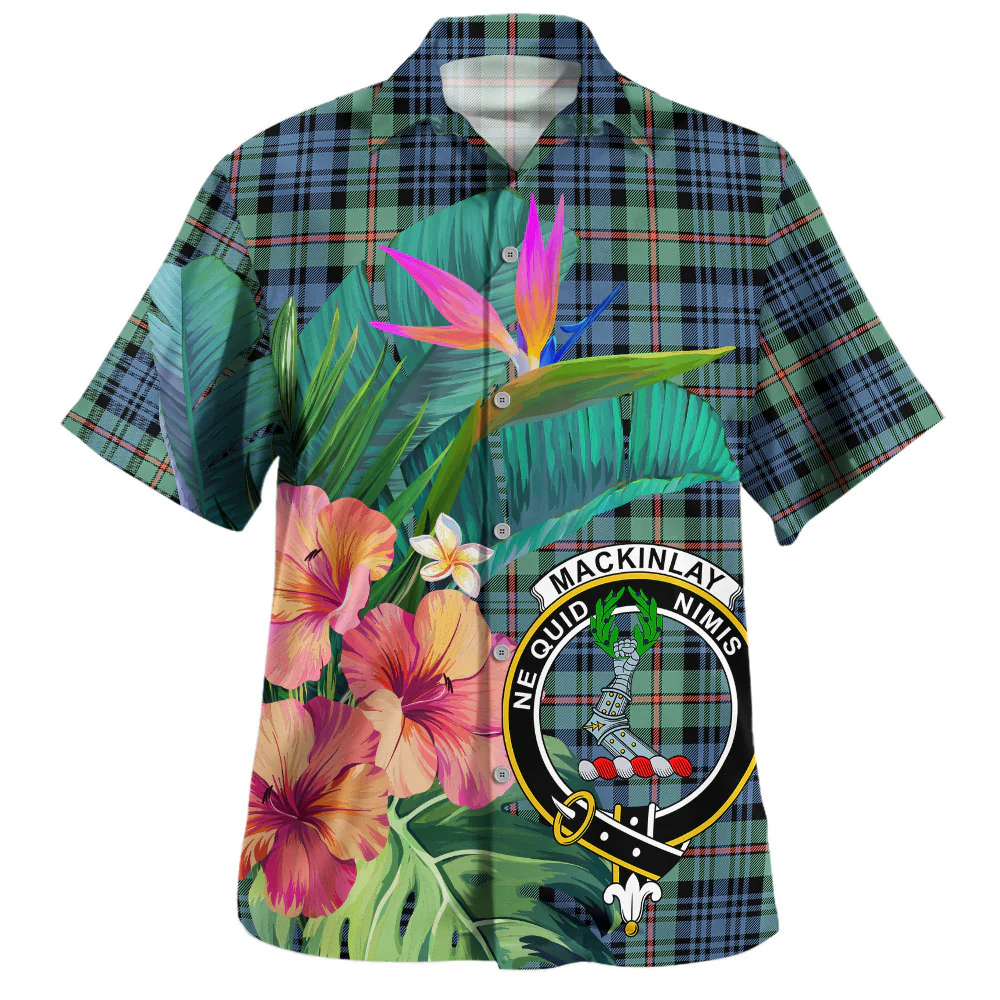 Scottish MacKinlay Ancient Clan Badge Tartan Hawaiian Shirt Bouquet Tropical Style