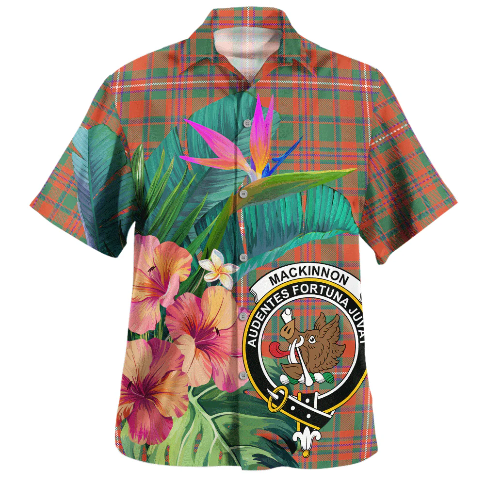 Scottish MacKinnon Ancient Clan Badge Tartan Hawaiian Shirt Bouquet Tropical Style