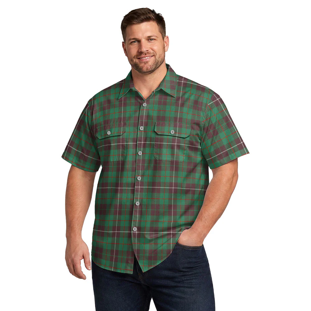 Scottish MacKinnon Hunting Ancient Clan Badge Tartan Short Sleeve Work Shirt - Image 4
