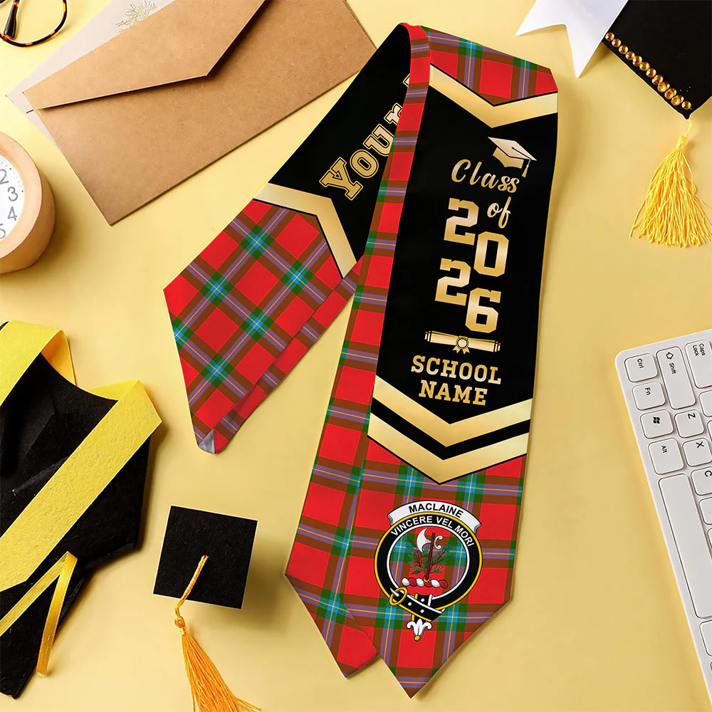Scottish MacLaine of Loch Buie Clan Badge Tartan Graduation Stole Black Gold Honor - Image 4