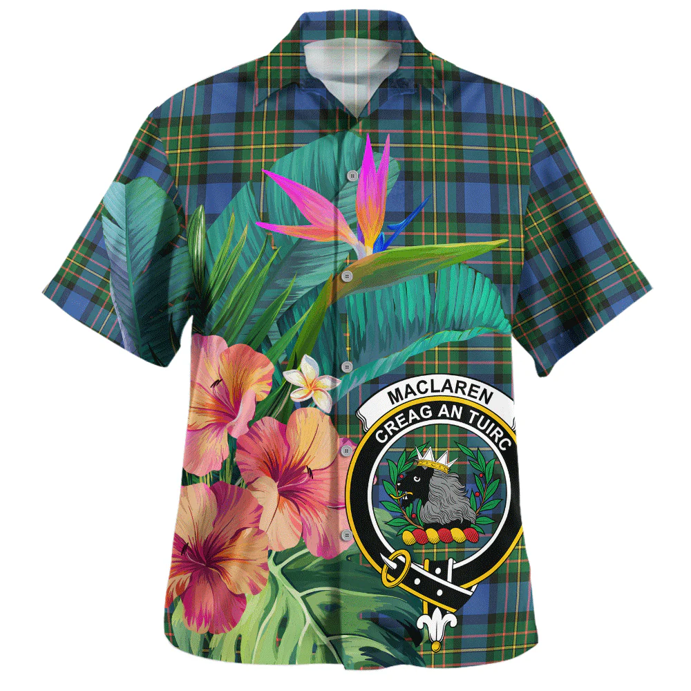 Scottish MacLaren Ancient Clan Badge Tartan Hawaiian Shirt Bouquet Tropical Style