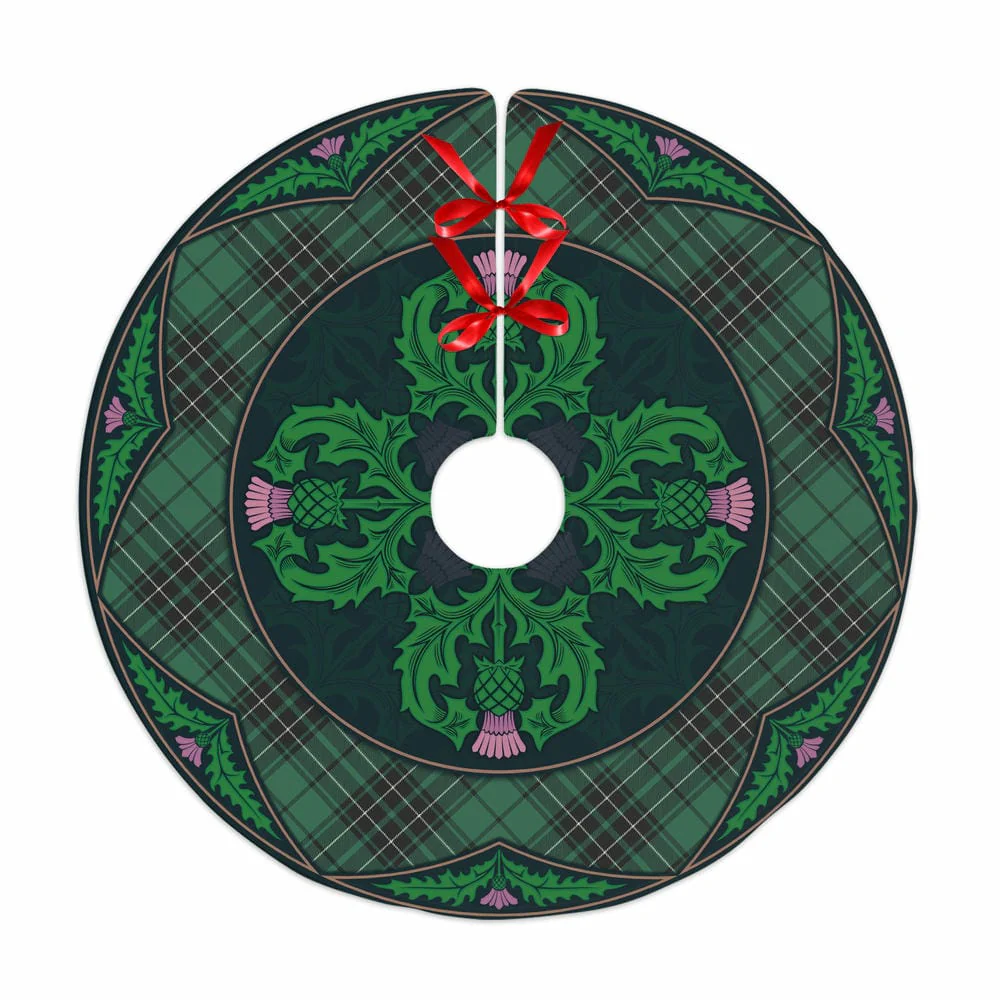 Scottish MacLean Hunting Ancient Tartan Christmas Tree Skirt Old Scottish Thistle Flower