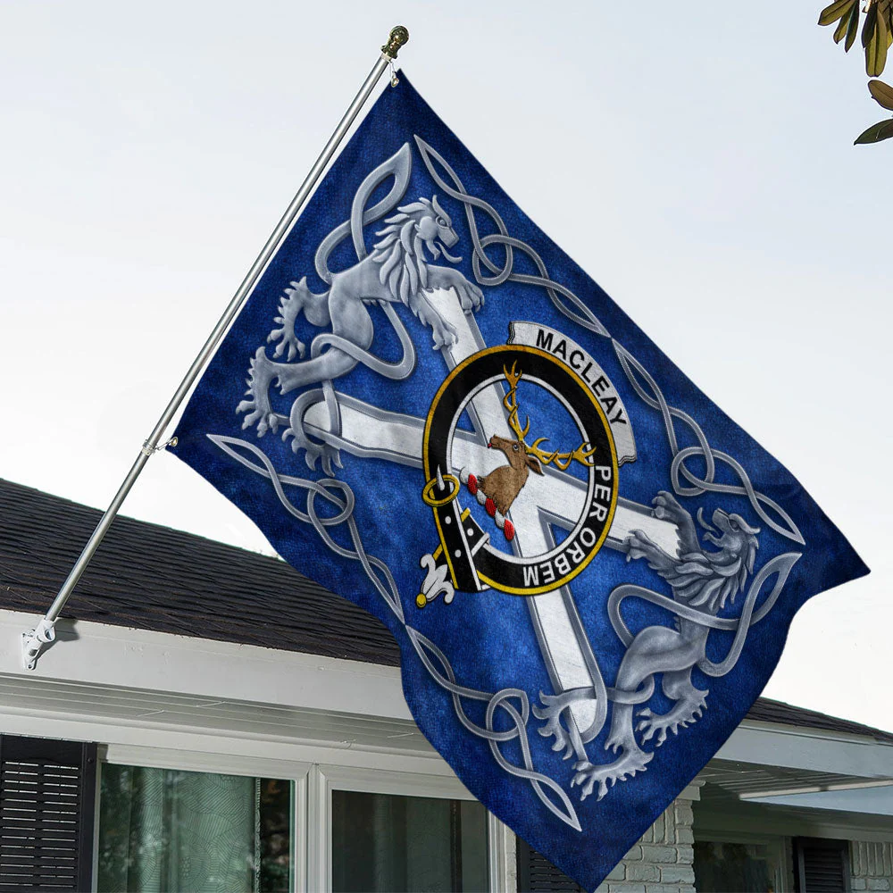 Scottish MacLeay Clan Badge Flag Parade Silver Rampant Lion Emblem