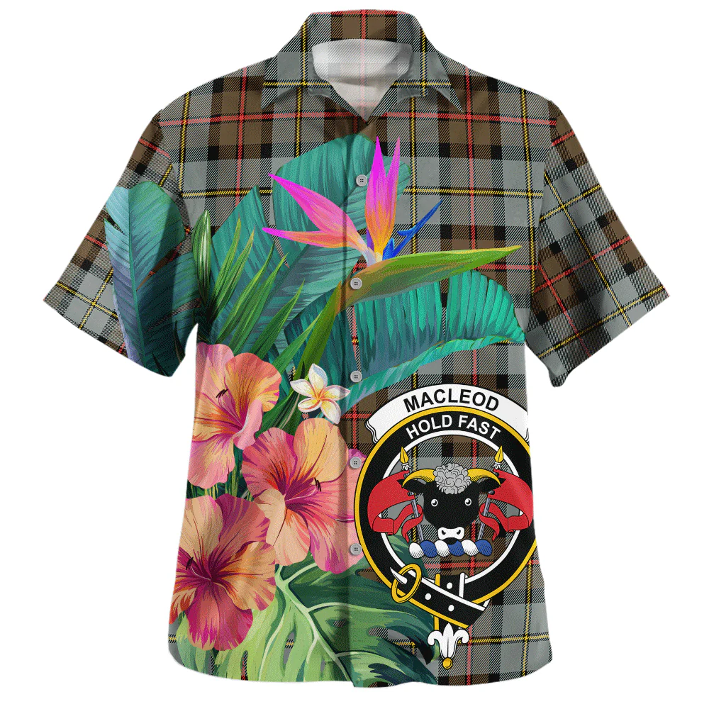 Scottish MacLeod of Harris Weathered Clan Badge Tartan Hawaiian Shirt Bouquet Tropical Style