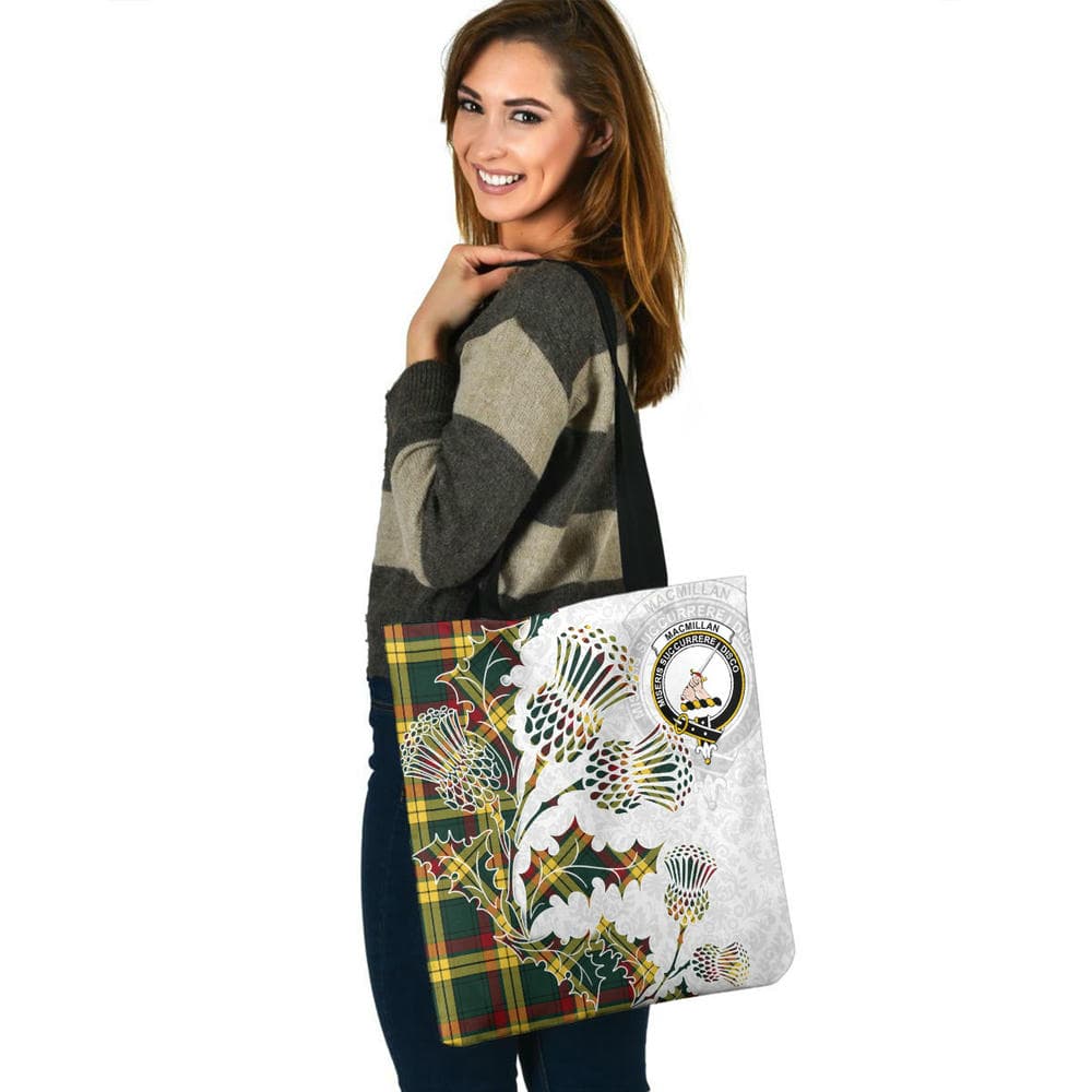 Scottish MacMillan Clan Crest Tartan Tote Bag - Thistle Flowers Style - Image 3