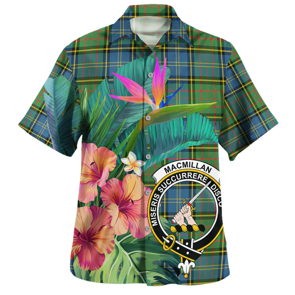 Scottish MacMillan Hunting Ancient Clan Badge Tartan Hawaiian Shirt Bouquet Tropical Style