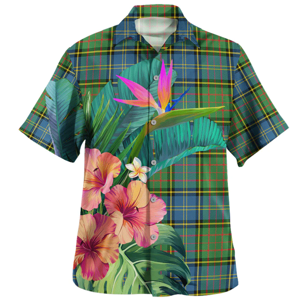 Scottish MacMillan Hunting Ancient Clan Badge Tartan Hawaiian Shirt Bouquet Tropical Style - Image 2