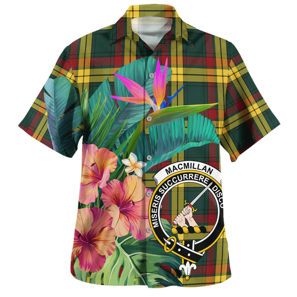 Scottish MacMillan Old Modern Clan Badge Tartan Hawaiian Shirt Bouquet Tropical Style