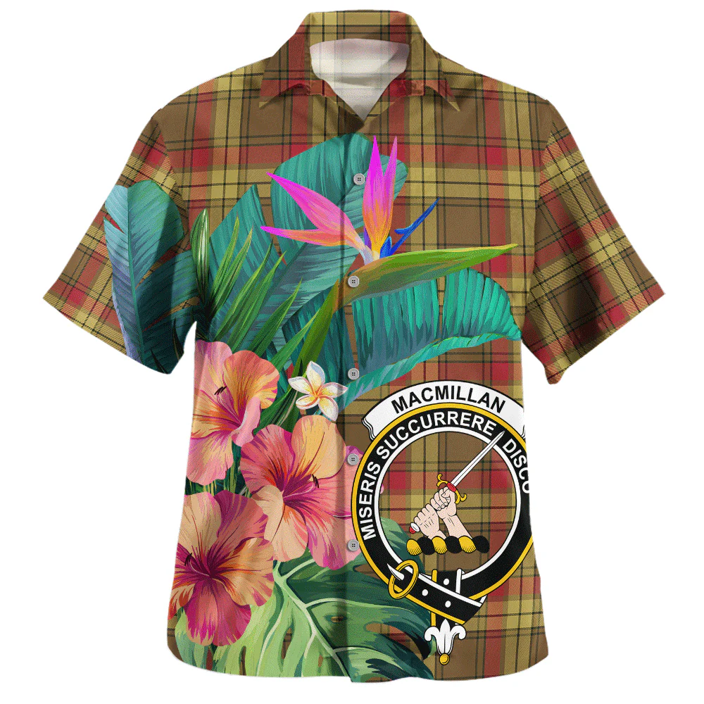 Scottish MacMillan Old Weathered Clan Badge Tartan Hawaiian Shirt Bouquet Tropical Style