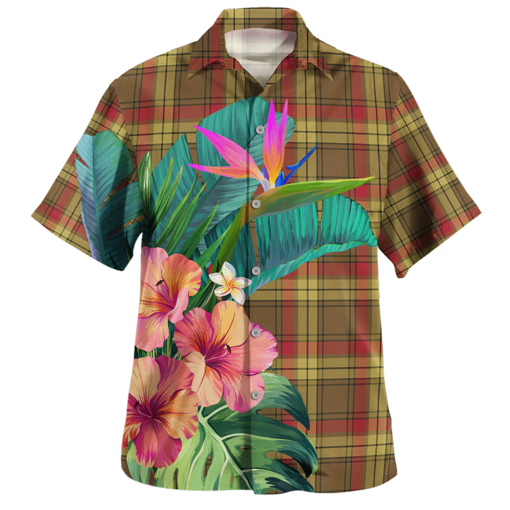 Scottish MacMillan Old Weathered Clan Badge Tartan Hawaiian Shirt Bouquet Tropical Style - Image 2