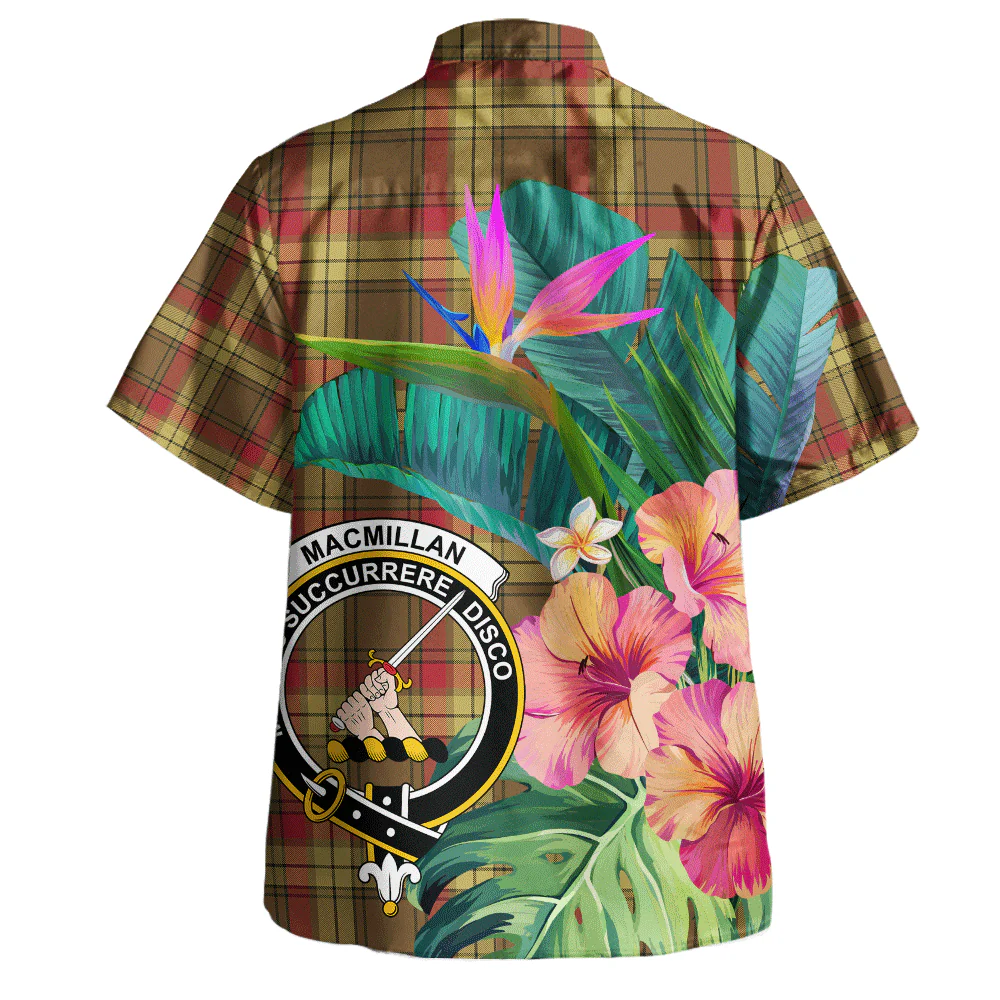 Scottish MacMillan Old Weathered Clan Badge Tartan Hawaiian Shirt Bouquet Tropical Style - Image 3