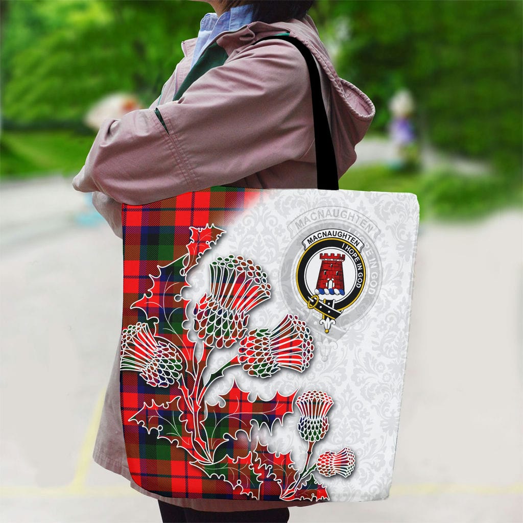 Scottish MacNaughten Clan Badge Tartan Canvas Bag With Shoulder Straps - Thistle Flowers Style - Image 2