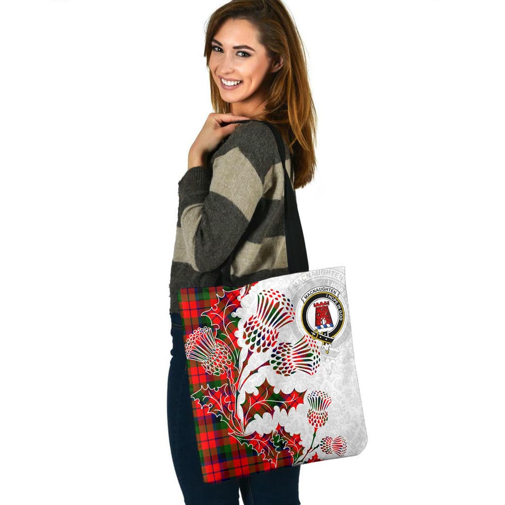 Scottish MacNaughten Clan Crest Tartan Tote Bag - Thistle Flowers Style - Image 3