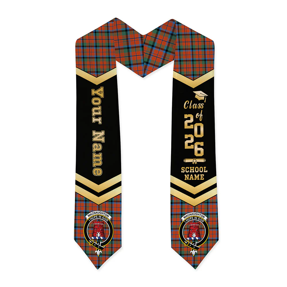 Scottish MacNaughton Ancient Clan Badge Tartan Graduation Stole Black Gold Honor