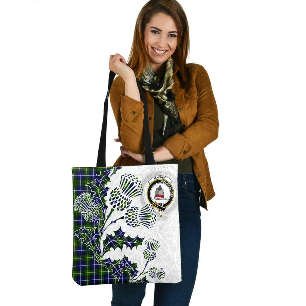 Scottish MacNeil of Colonsay Clan Crest Tartan Tote Bag - Thistle Flowers Style - Image 2
