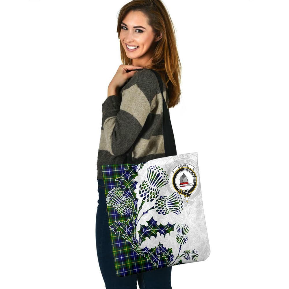 Scottish MacNeil of Colonsay Clan Crest Tartan Tote Bag - Thistle Flowers Style - Image 3