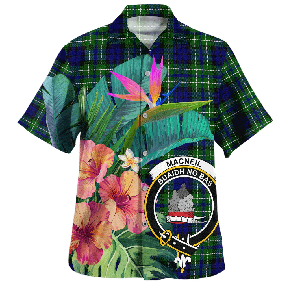 Scottish MacNeil of Colonsay Modern Clan Badge Tartan Hawaiian Shirt Bouquet Tropical Style