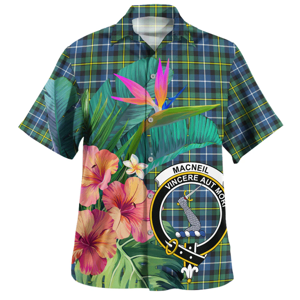 Scottish MacNeil of Barra Ancient Clan Badge Tartan Hawaiian Shirt Bouquet Tropical Style