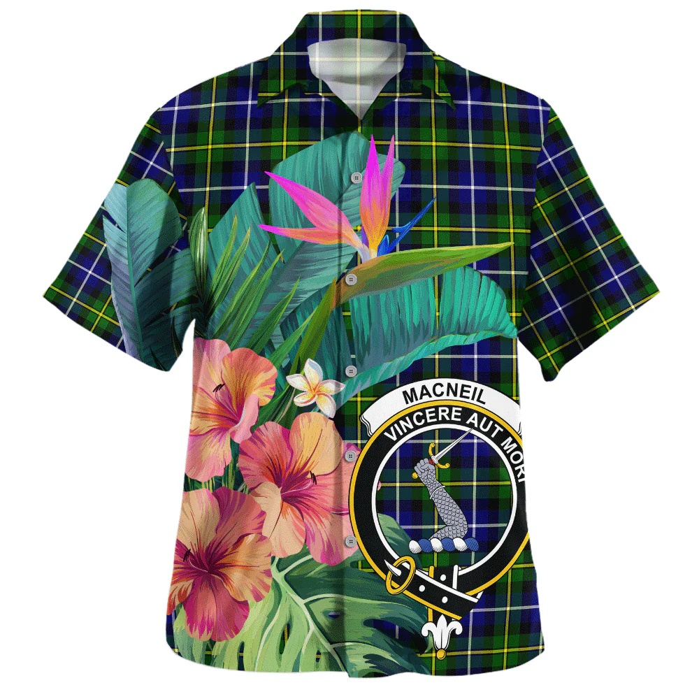 Scottish MacNeil of Barra Modern Clan Badge Tartan Hawaiian Shirt Bouquet Tropical Style