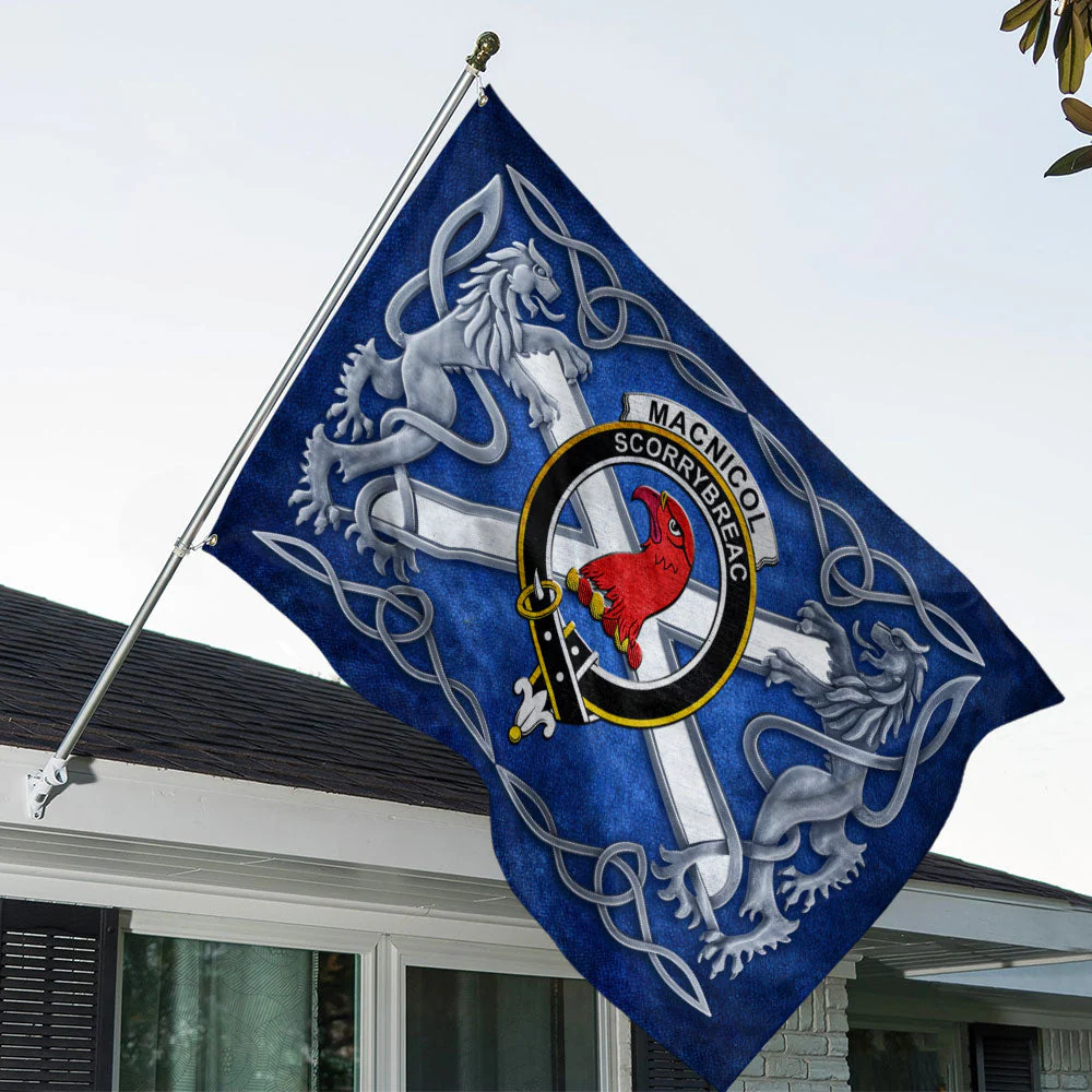 Scottish MacNicol Clan Badge Flag Parade Silver Rampant Lion Emblem