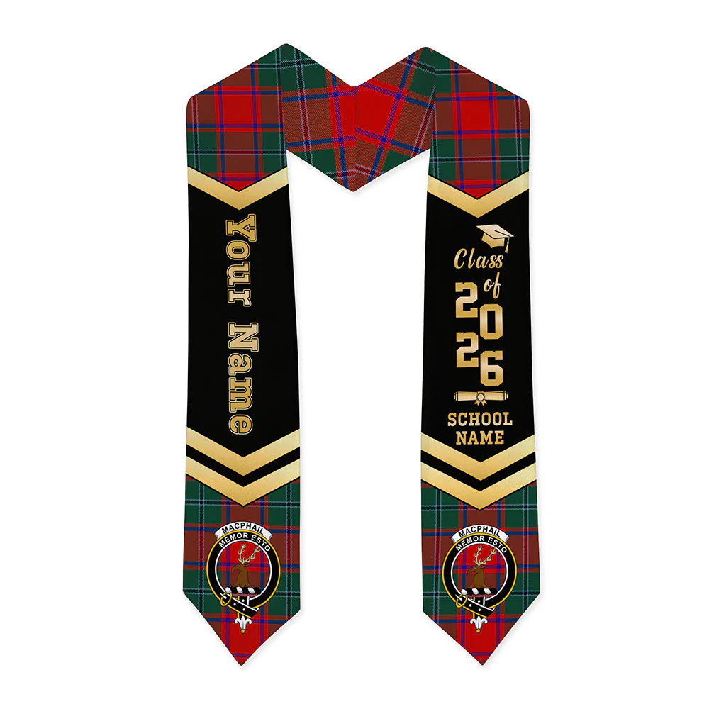 Scottish MacPhail Clan Badge Tartan Graduation Stole Black Gold Honor