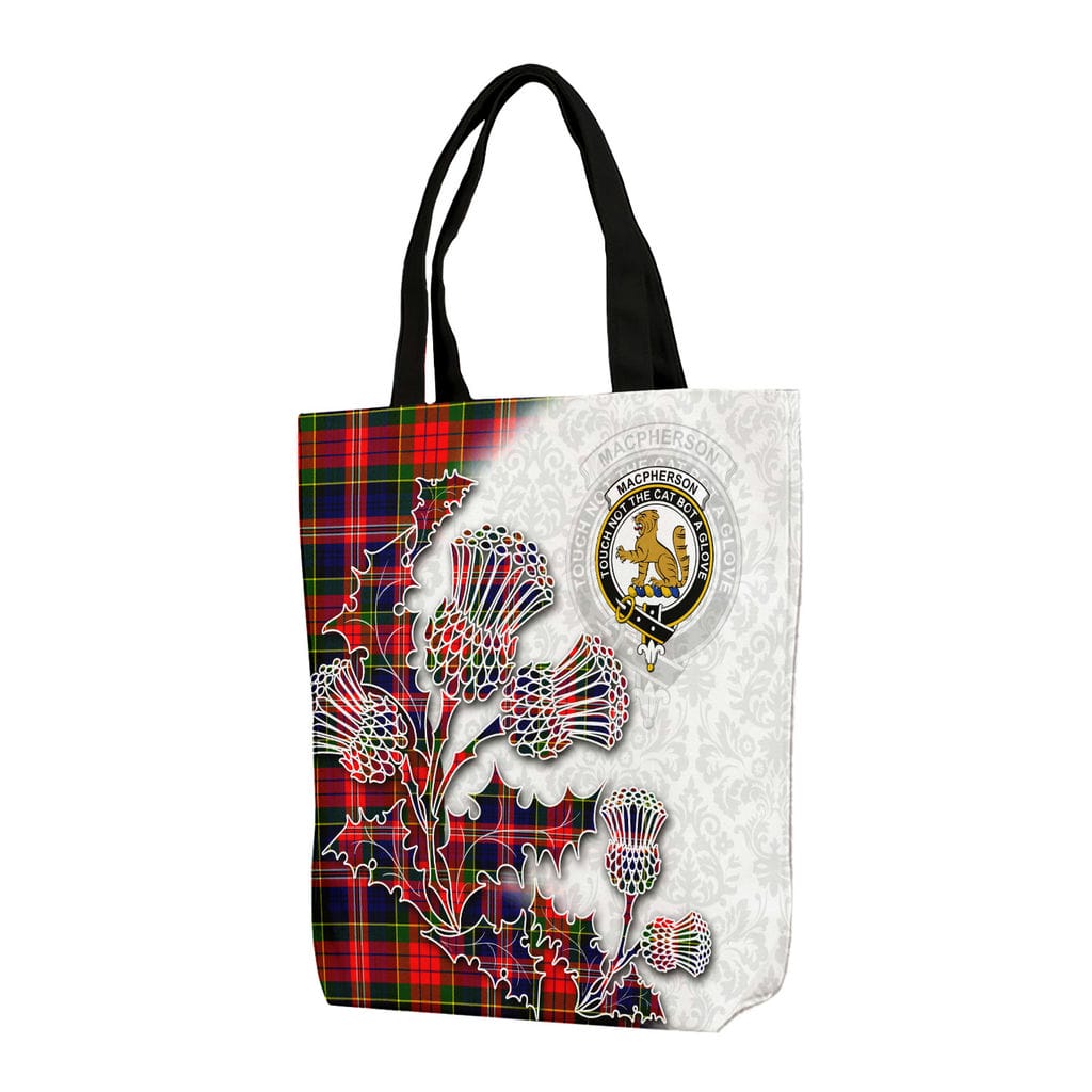 Scottish MacPherson Clan Badge Tartan Canvas Bag With Shoulder Straps - Thistle Flowers Style