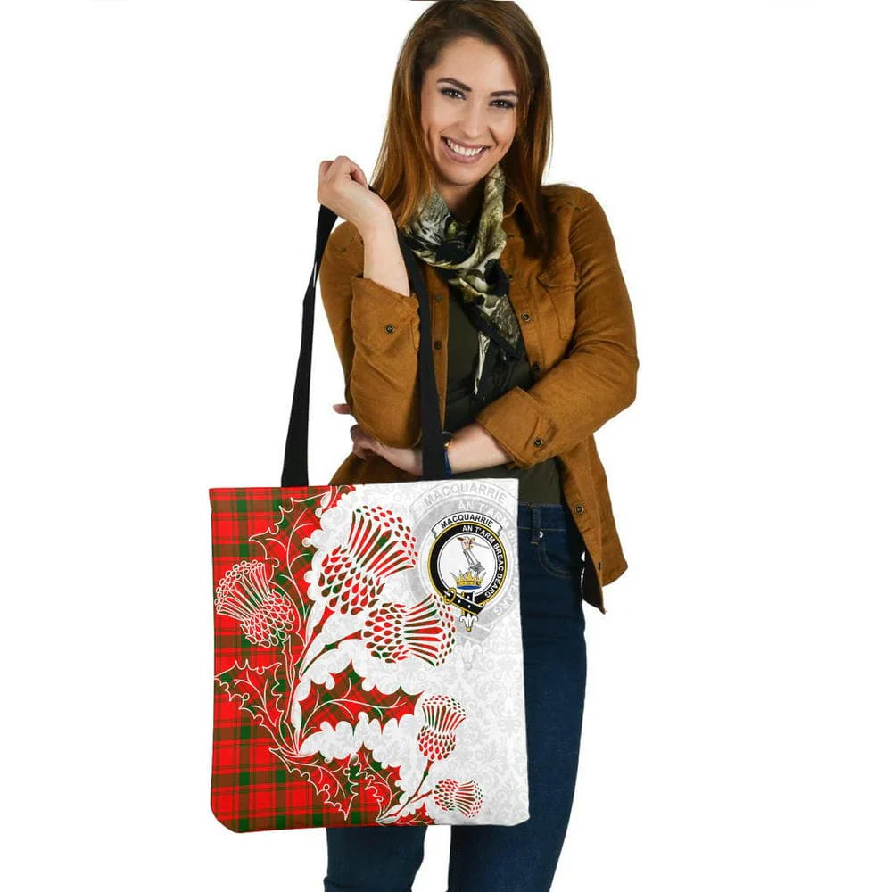 Scottish MacQuarrie Clan Crest Tartan Tote Bag - Thistle Flowers Style - Image 2