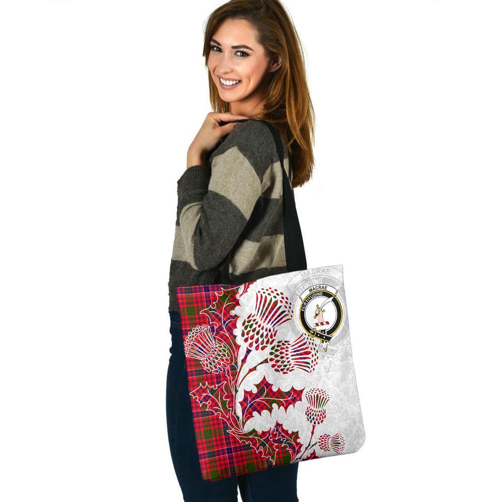 Scottish MacRae Clan Crest Tartan Tote Bag - Thistle Flowers Style - Image 3
