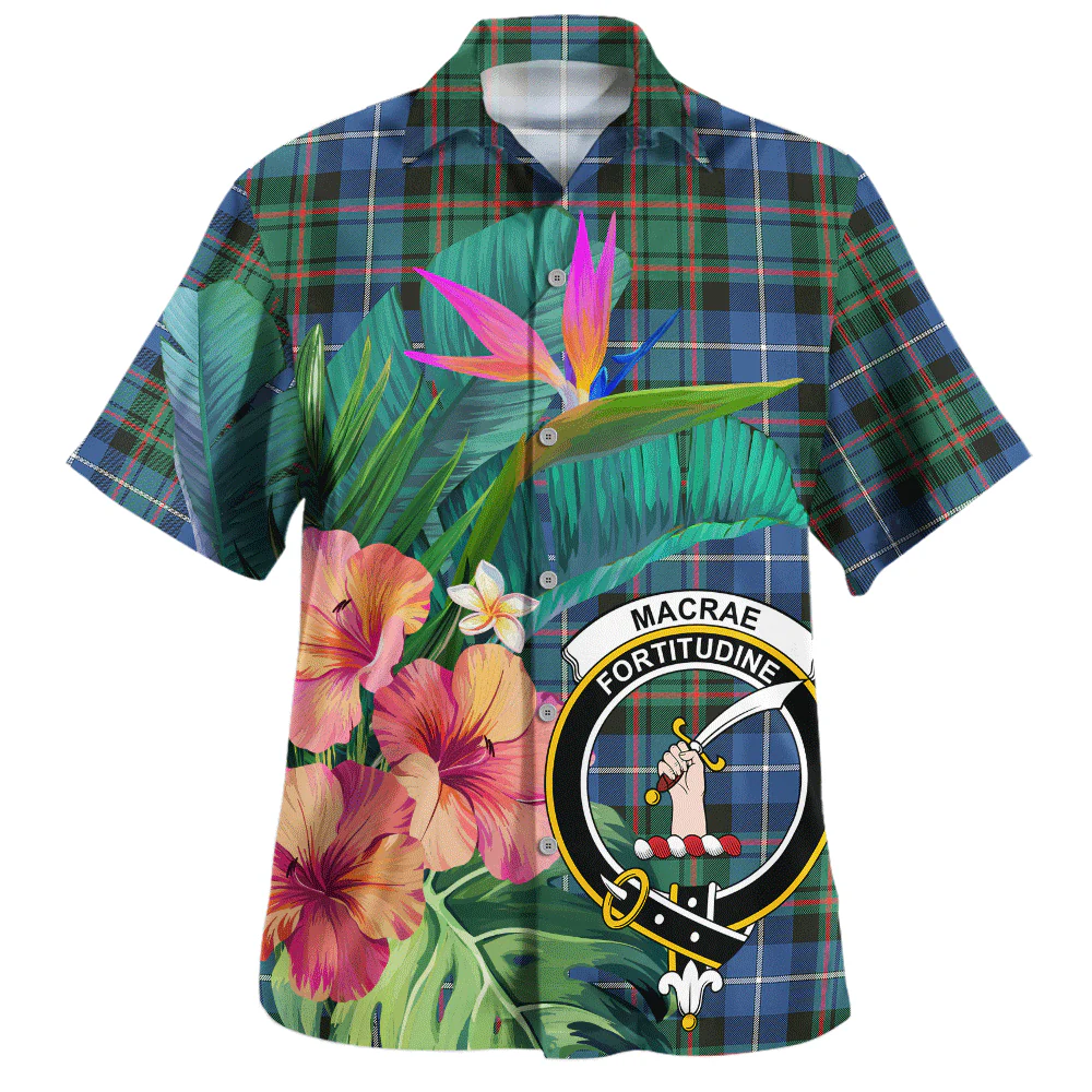 Scottish MacRae Hunting Ancient Clan Badge Tartan Hawaiian Shirt Bouquet Tropical Style