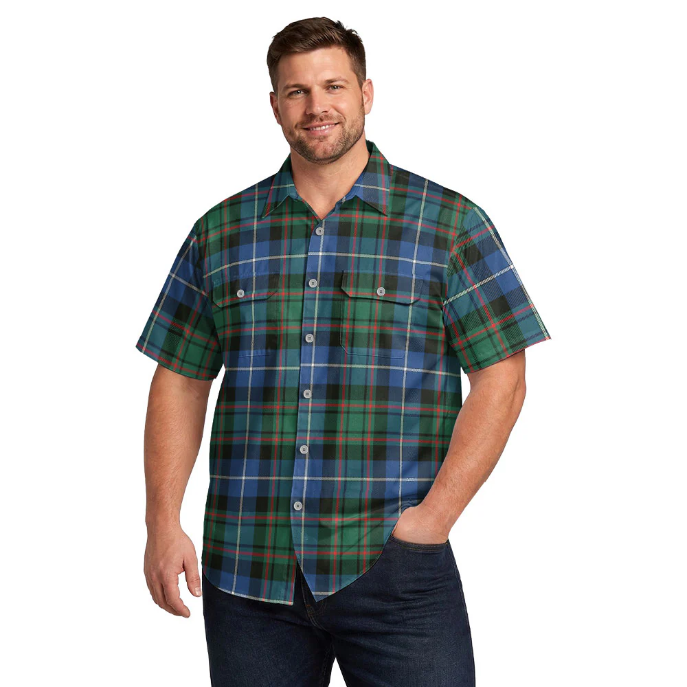 Scottish MacRae Hunting Ancient Clan Badge Tartan Short Sleeve Work Shirt - Image 4