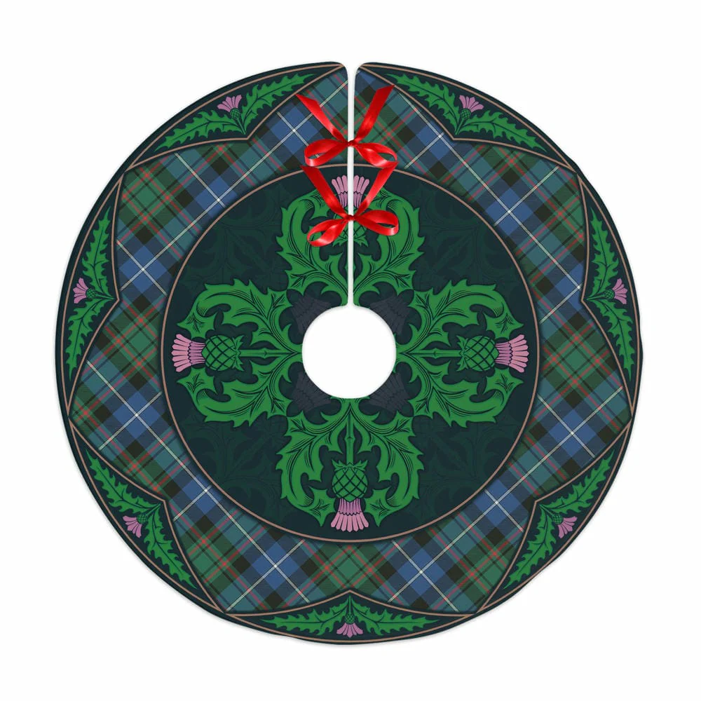 Scottish MacRae Hunting Ancient Tartan Christmas Tree Skirt Old Scottish Thistle Flower