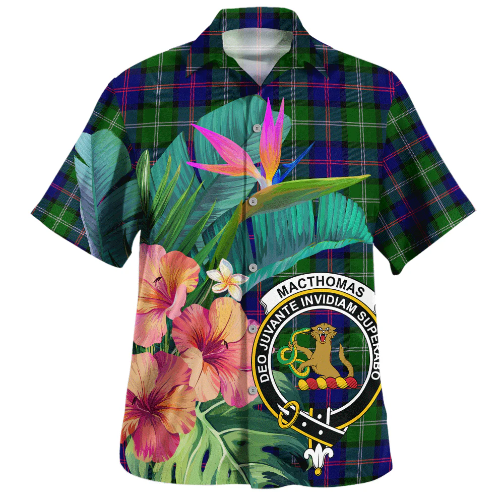 Scottish MacThomas Modern Clan Badge Tartan Hawaiian Shirt Bouquet Tropical Style