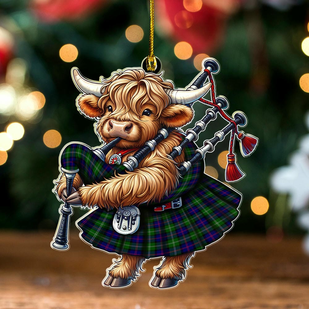 Scottish MacThomas Modern Tartan Ornament Highland Cow Playing Bagpipes