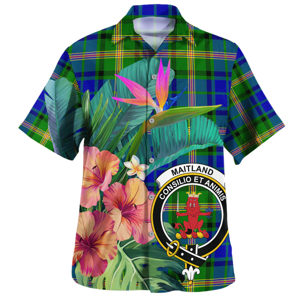 Scottish Maitland Clan Badge Tartan Hawaiian Shirt Bouquet Tropical Style