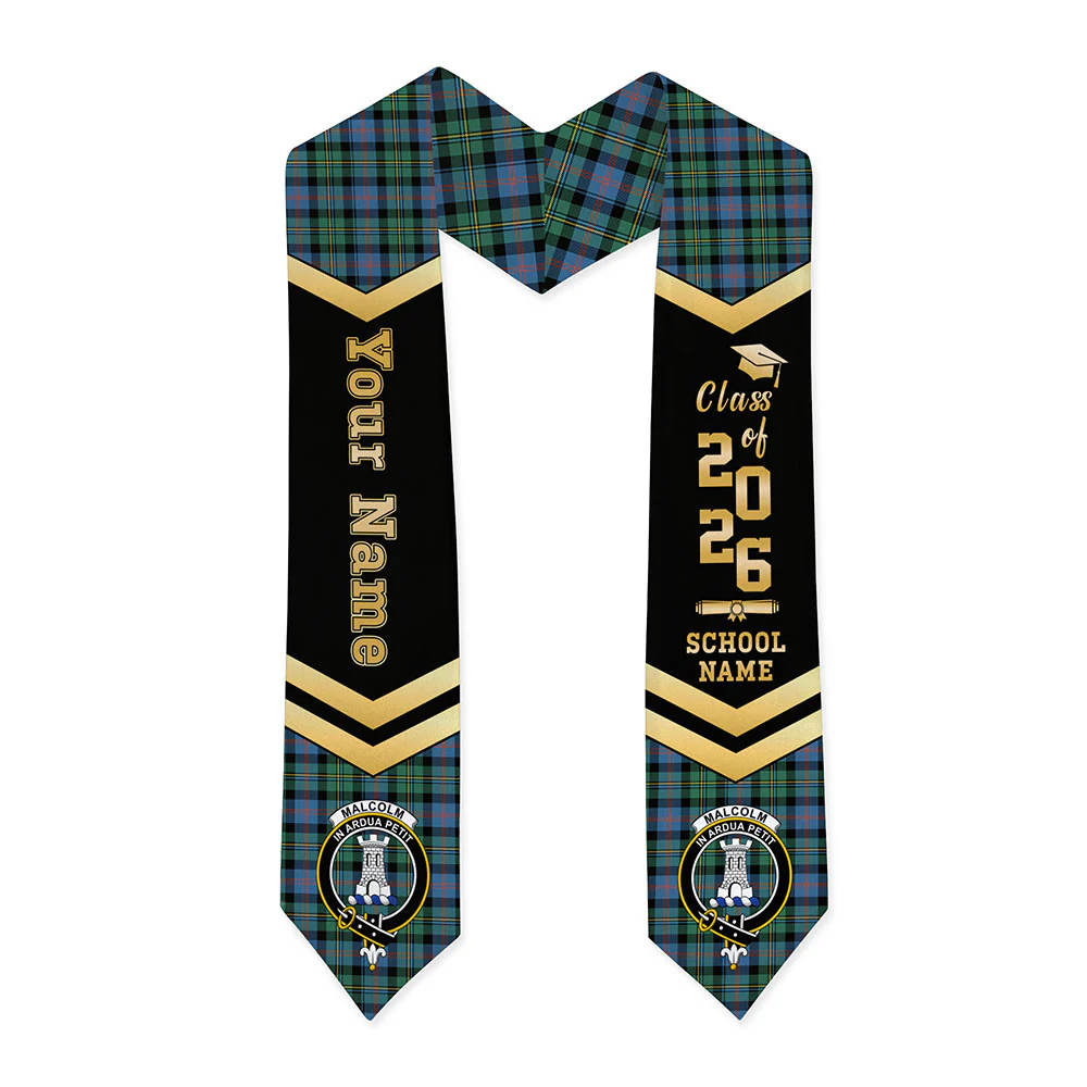 Scottish Malcolm Ancient Clan Badge Tartan Graduation Stole Black Gold Honor