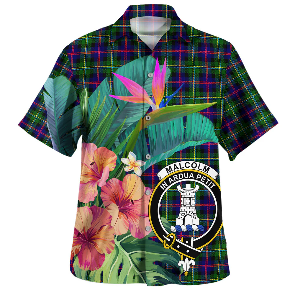 Scottish Malcolm Modern Clan Badge Tartan Hawaiian Shirt Bouquet Tropical Style