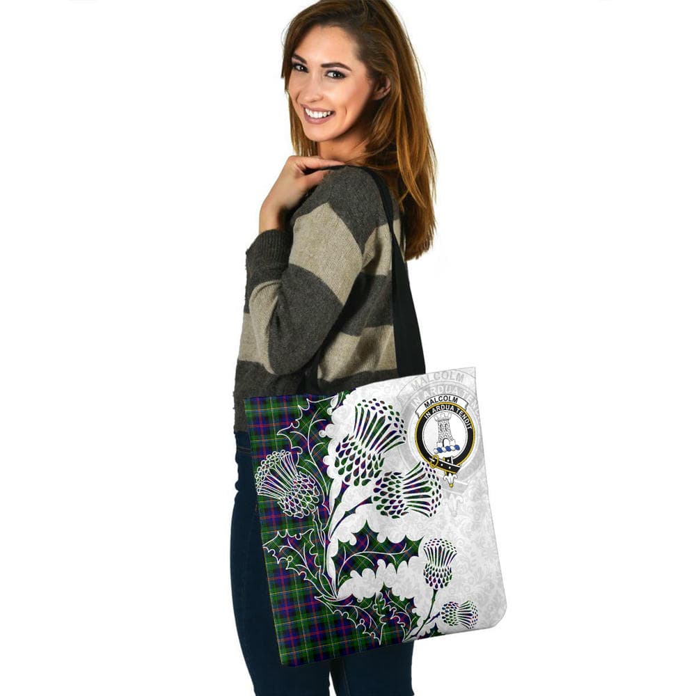 Scottish Malcolm (or MacCallum) Clan Crest Tartan Tote Bag - Thistle Flowers Style - Image 3