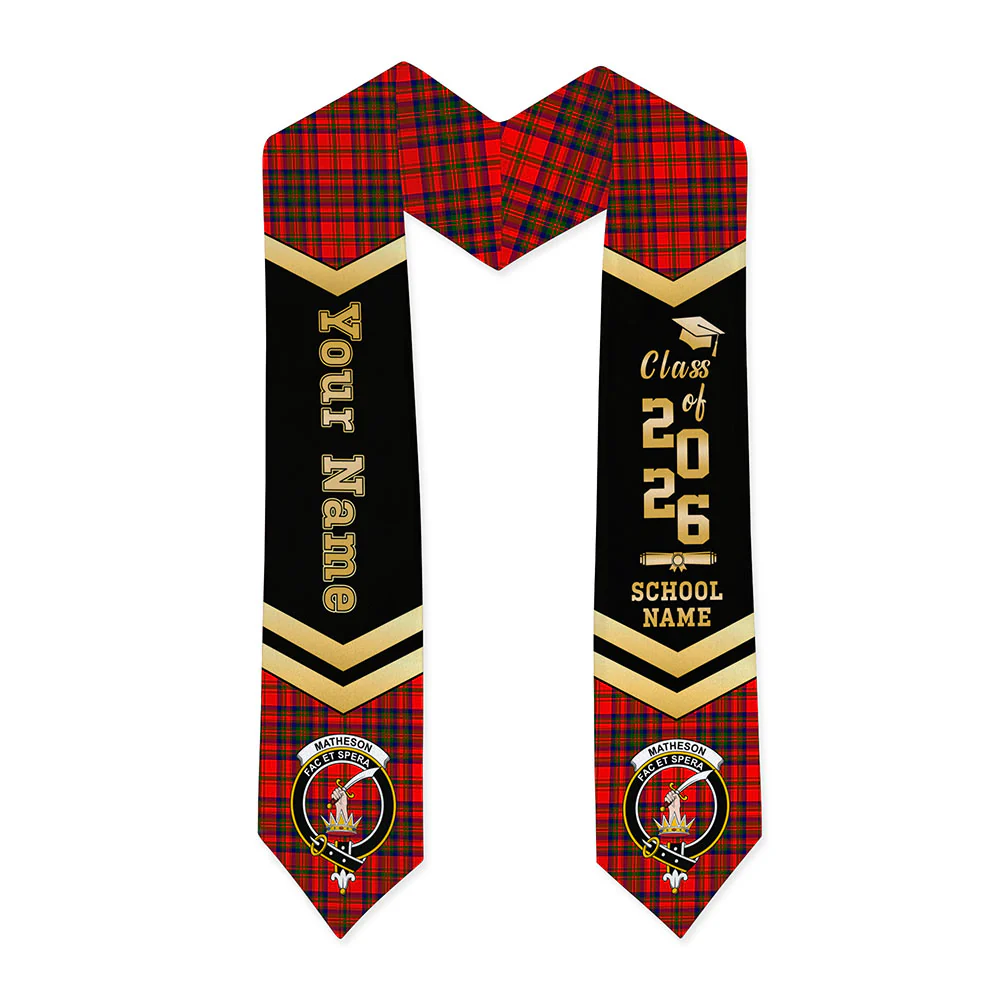 Scottish Matheson Modern Clan Badge Tartan Graduation Stole Black Gold Honor
