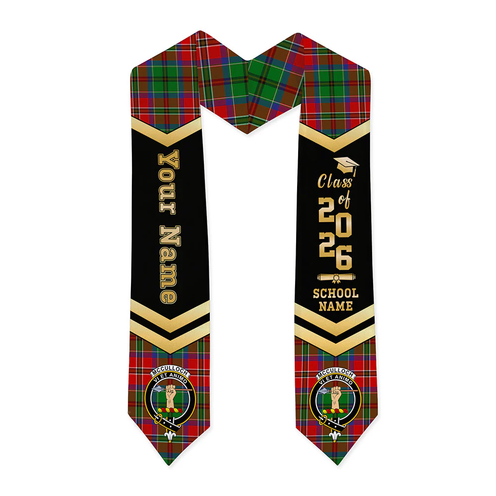 Scottish McCulloch Clan Badge Tartan Graduation Stole Black Gold Honor