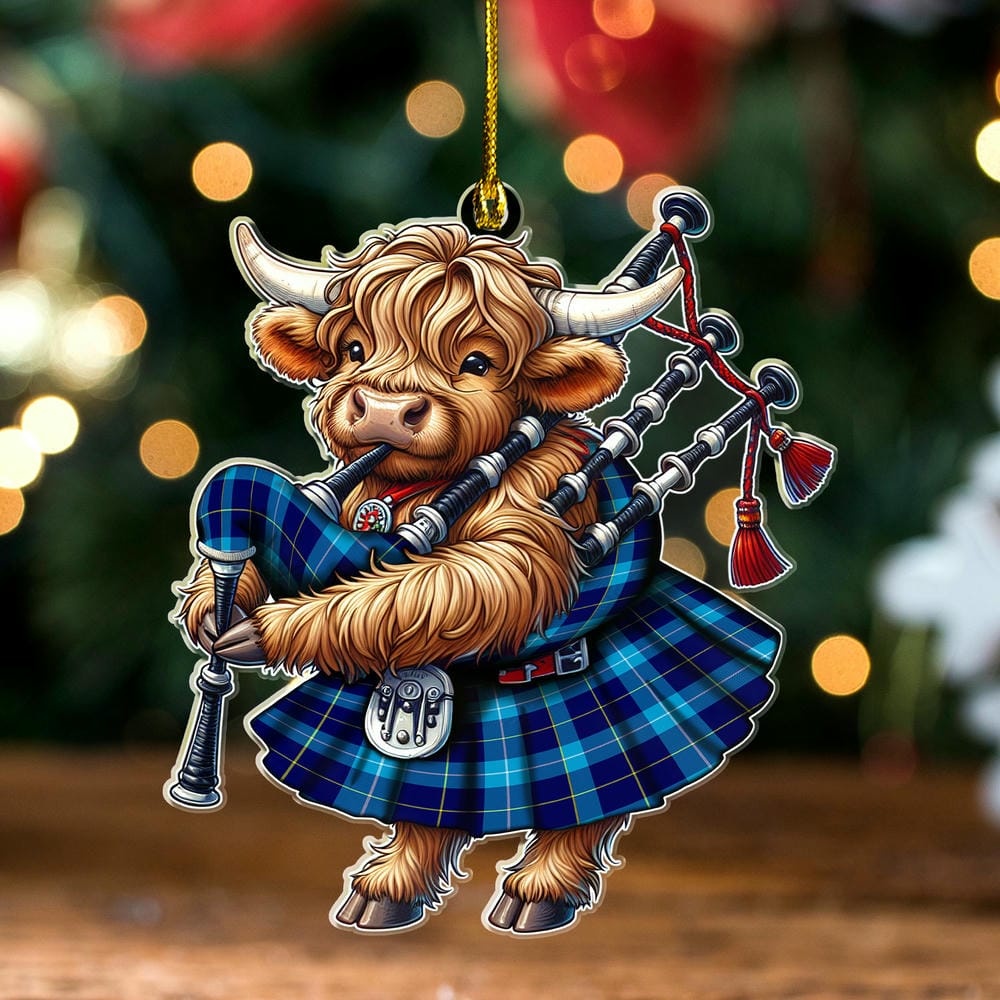 Scottish McKerrell Tartan Ornament Highland Cow Playing Bagpipes
