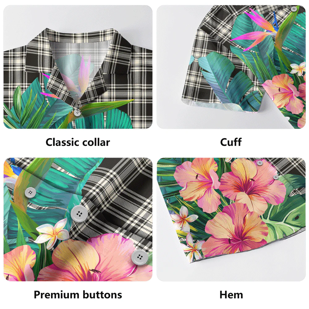 Scottish Menzies Black & White Ancient Clan Badge Tartan Hawaiian Shirt Bouquet Tropical Style - Image 5