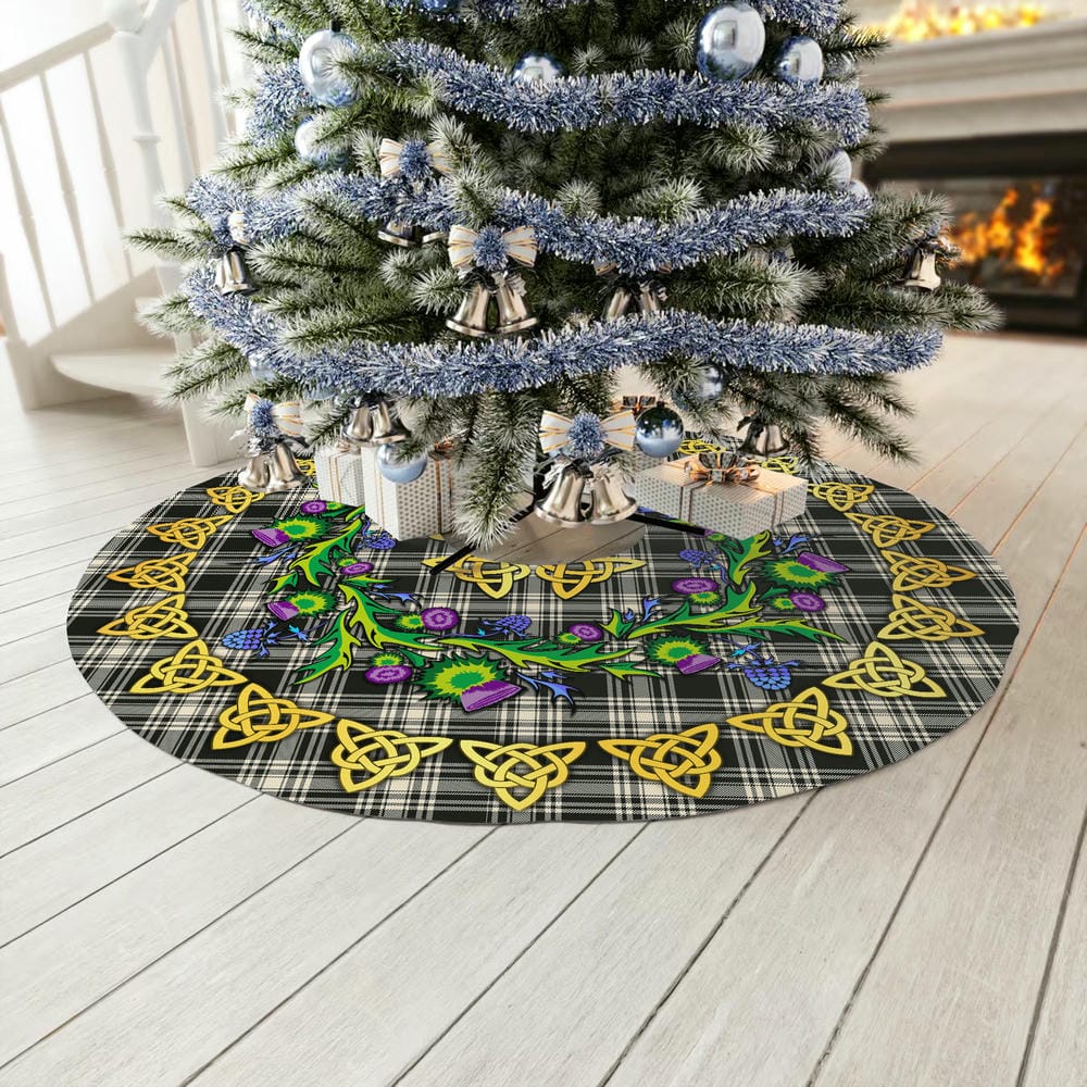 Scottish Menzies Black & White Ancient Tartan Thistle Celtic Knot Christmas Tree Skirt - Image 3