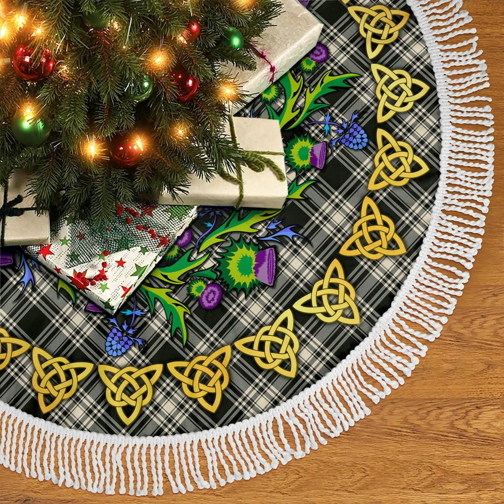 Scottish Menzies Black & White Ancient Tartan Thistle Celtic Knot Christmas Tree Skirt - Image 5