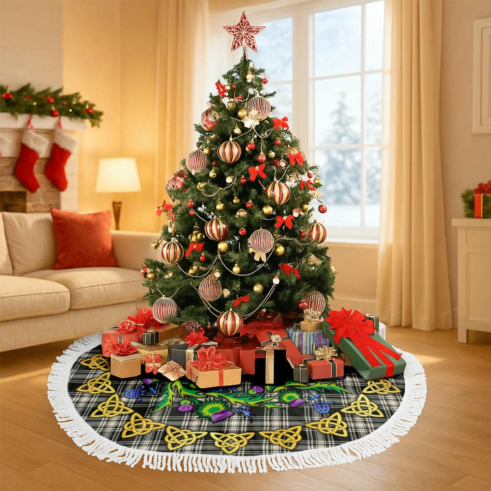 Scottish Menzies Black & White Ancient Tartan Thistle Celtic Knot Christmas Tree Skirt - Image 6